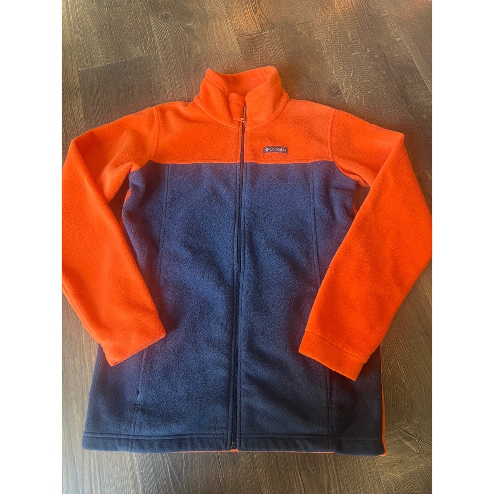 Columbia Kids Fleece Jacket XL Full Zip Orange Navy Blue Colorblock Mock Neck